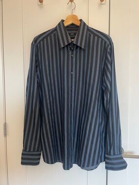 BOSS Men's Blue and Black Vertical Stripe Dress Shirt